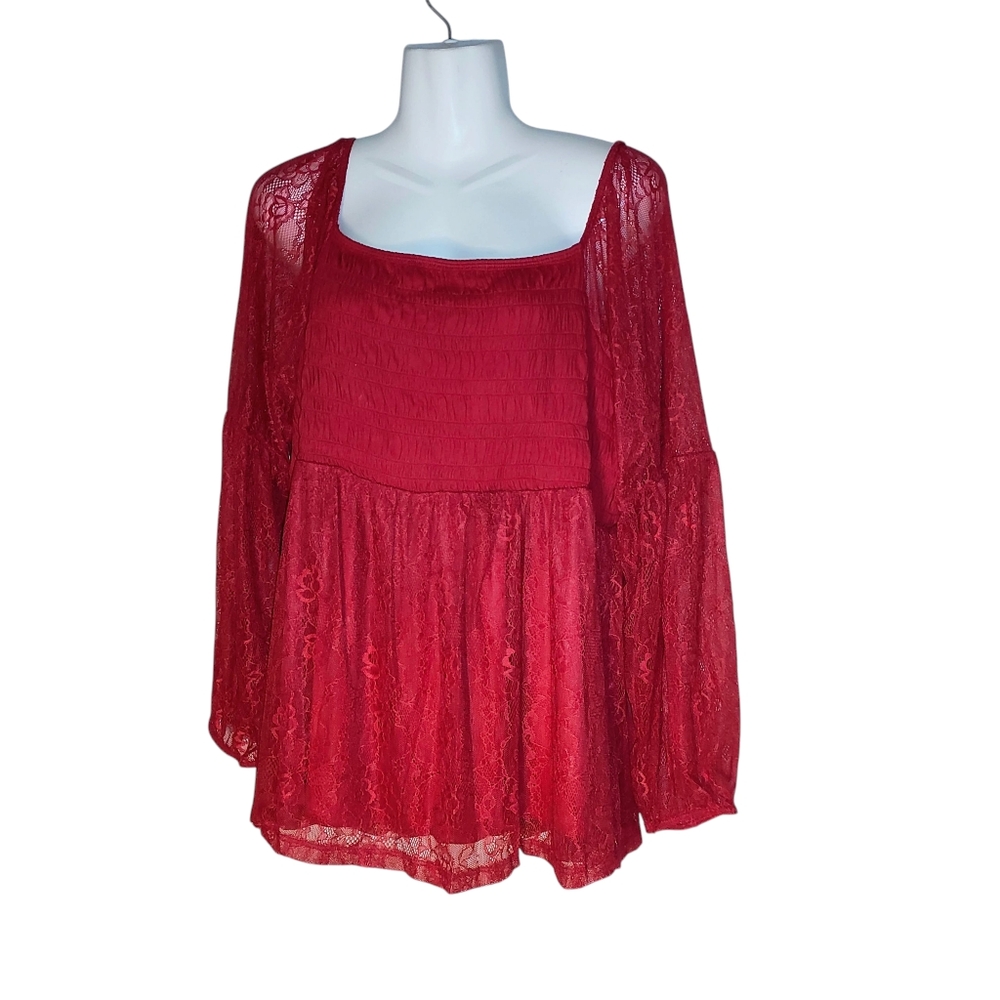 Red Lace Smocked Babydoll Long Sleeve Blouse